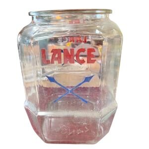 Vintage Lance Glass Cracker Jar Red Blue Logo Octagon Snack Jar No Lid Chipped